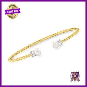 Pearl Cuff Bracelet 7.5" Sterling Silver Gold Overlay CZ